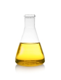 Photo of Conical flask with color liquid on white background. Solution chemistry