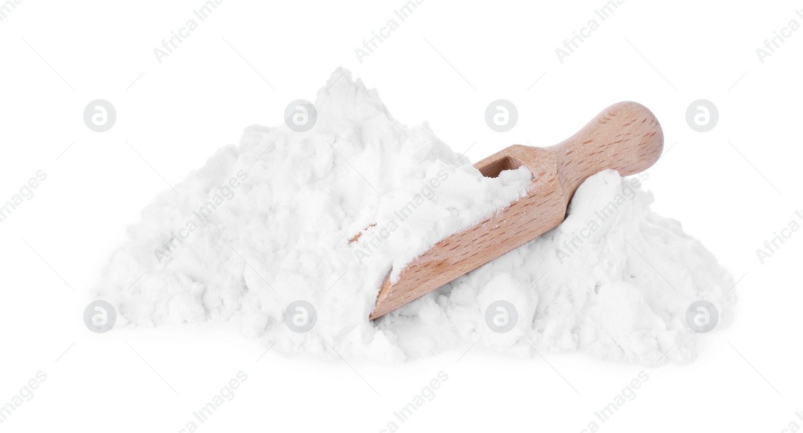 Photo of Heap of natural starch and wooden scoop isolated on white