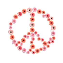 Image of Hippie peace symbol made of gerbera flowers on white background