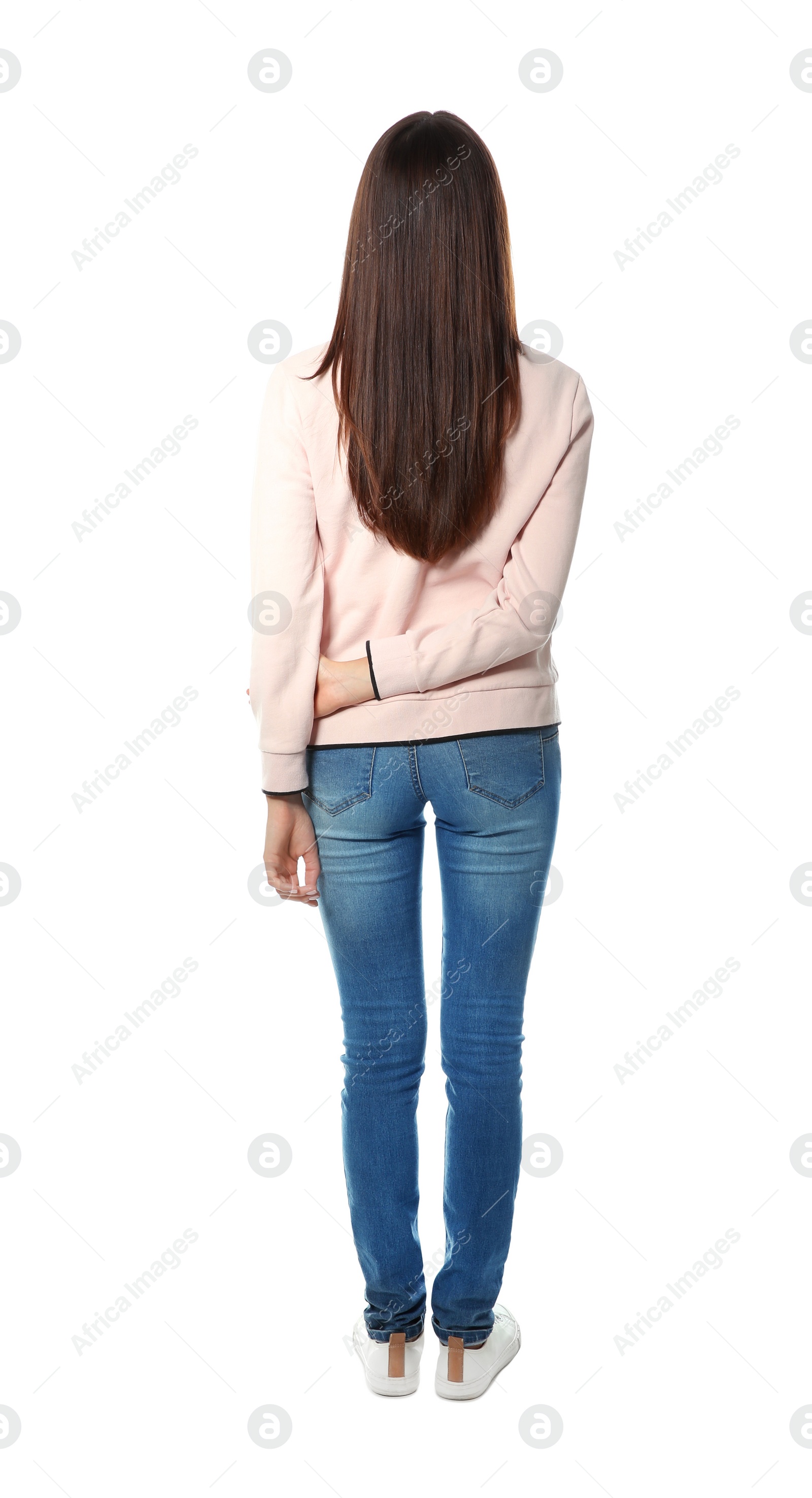 Photo of Brunette woman with long hair posing on white background