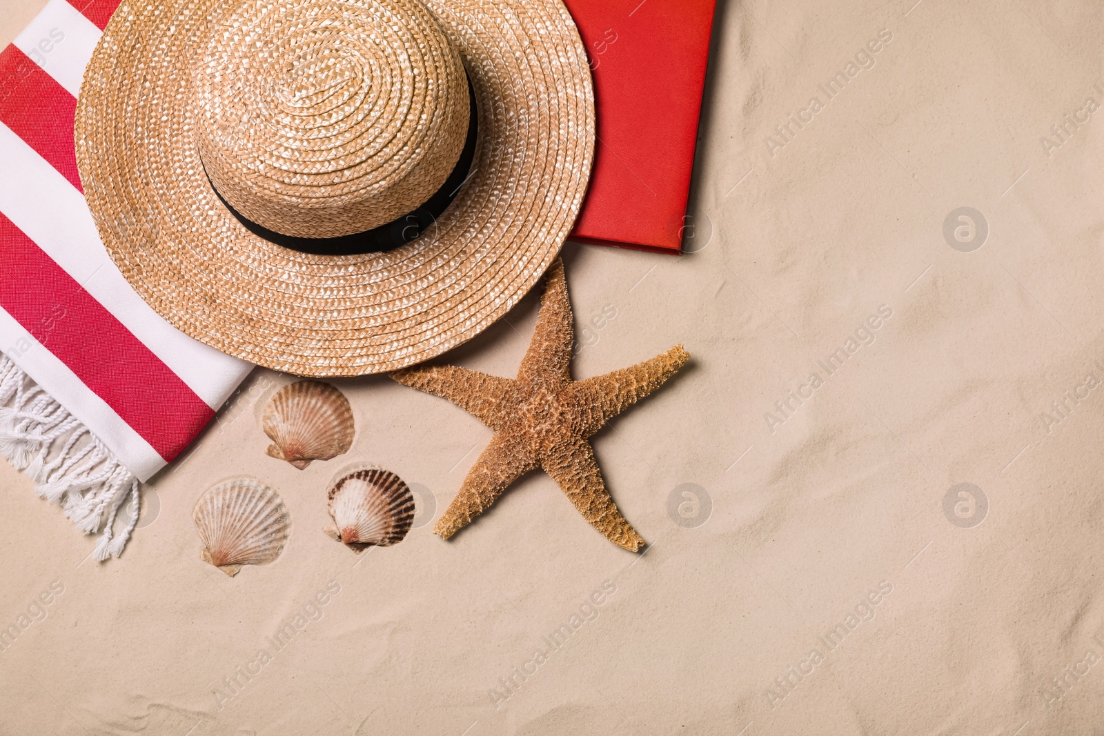 Photo of Beach towel, hat, book, starfish and sea shells on sand, flat lay