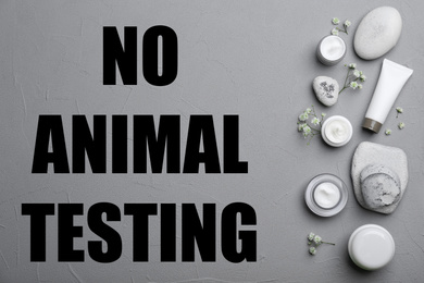 Cosmetic products and text NO ANIMAL TESTING on grey background, flat lay