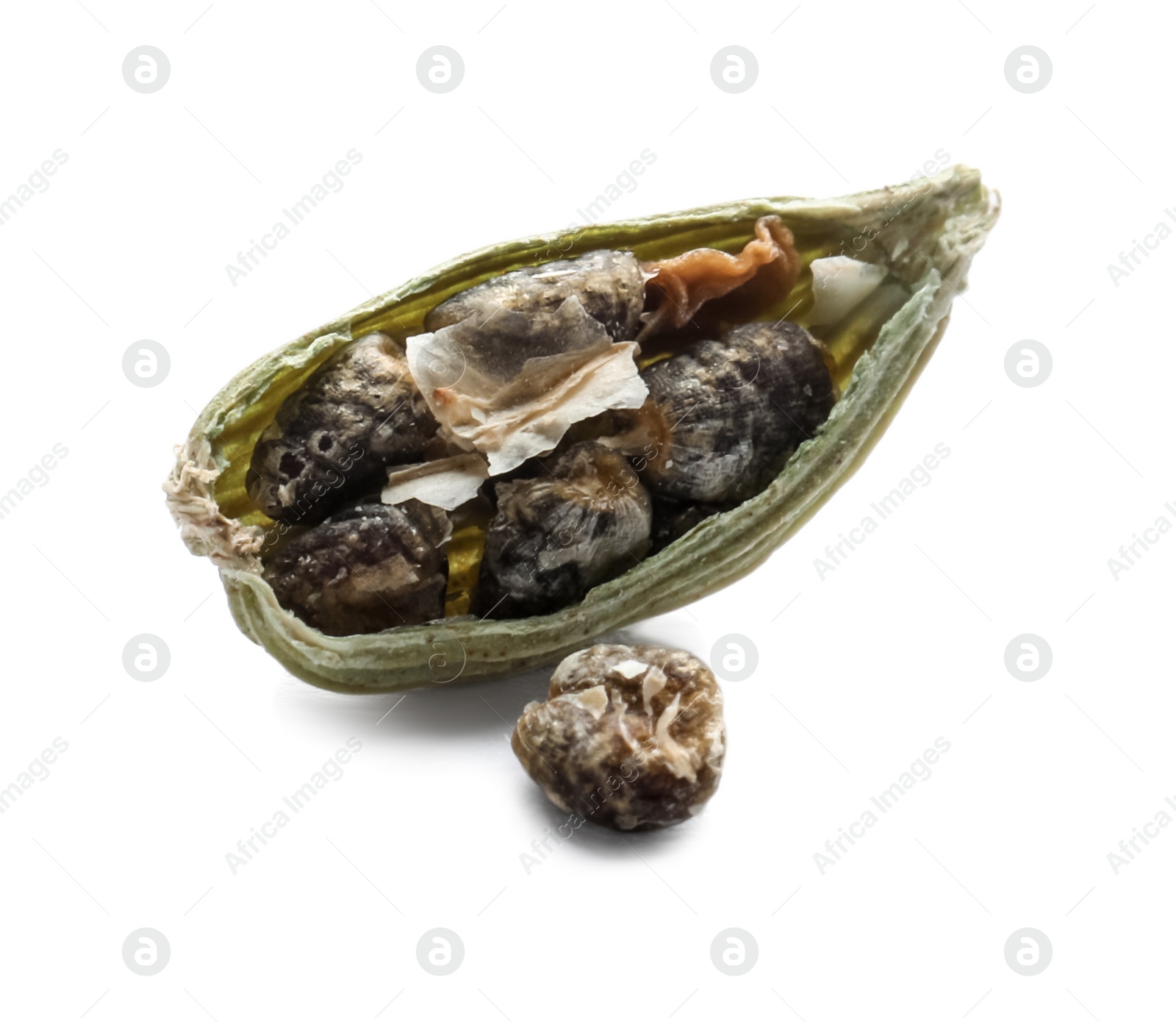 Photo of Dry green cardamom pod with seeds isolated on white, closeup