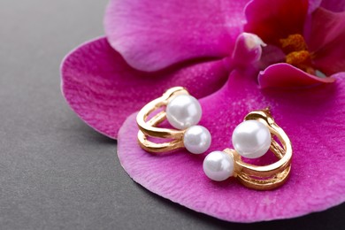 Photo of Elegant pearl earrings and orchid flower on black background, closeup