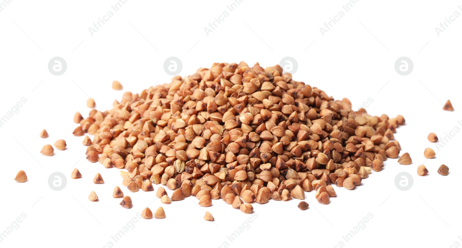 Photo of Pile of buckwheat grains isolated on white. Organic cereal