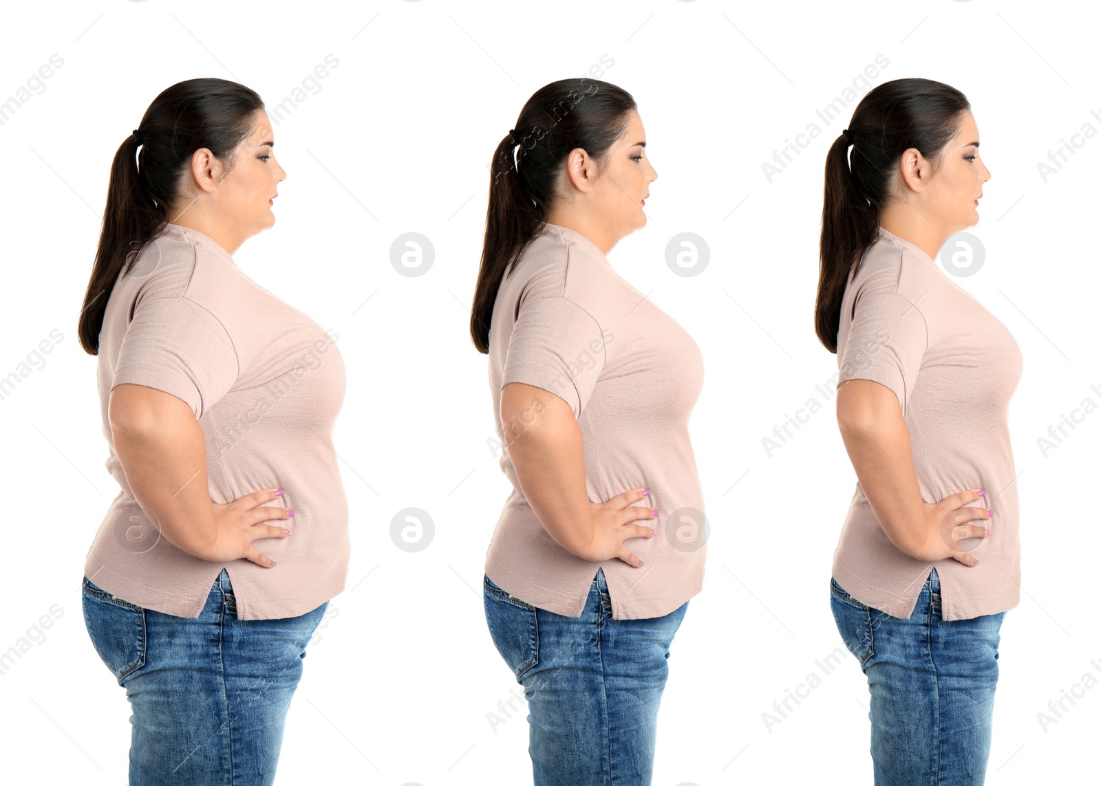 Image of Woman before and after weight loss on white background, collage