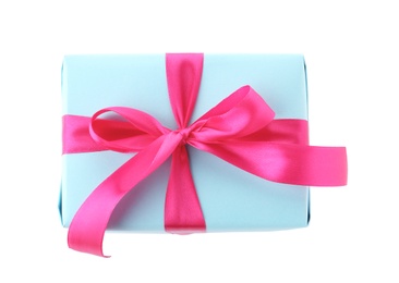 Photo of Beautiful gift box with ribbon on white background