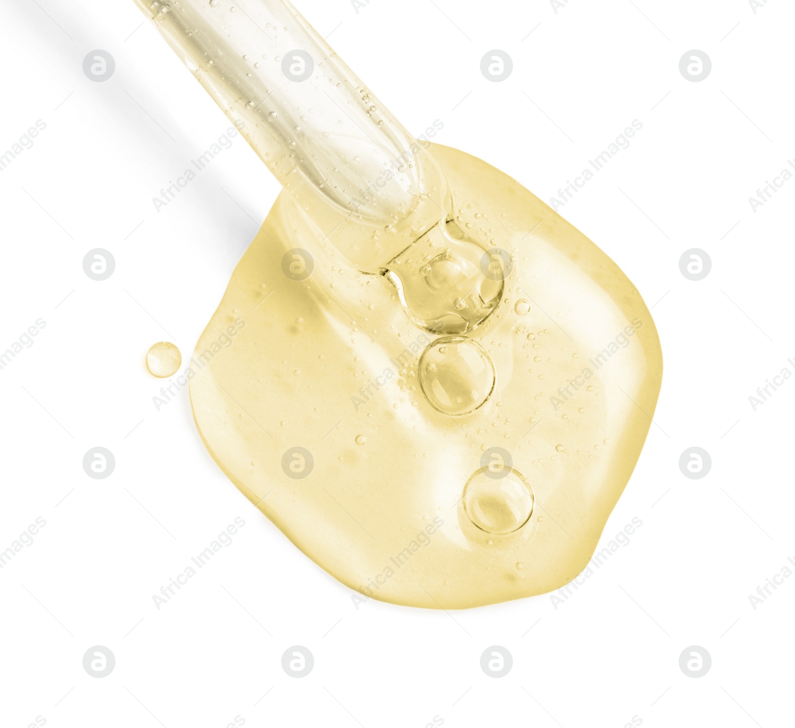 Image of Dropper with serum on white background, top view. Skin care product