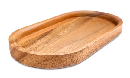 Photo of One new wooden tray on white background