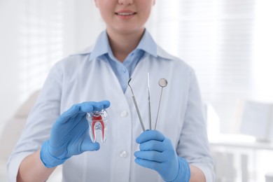 Photo of Dental assistant holding tooth model and tools in clinic, closeup