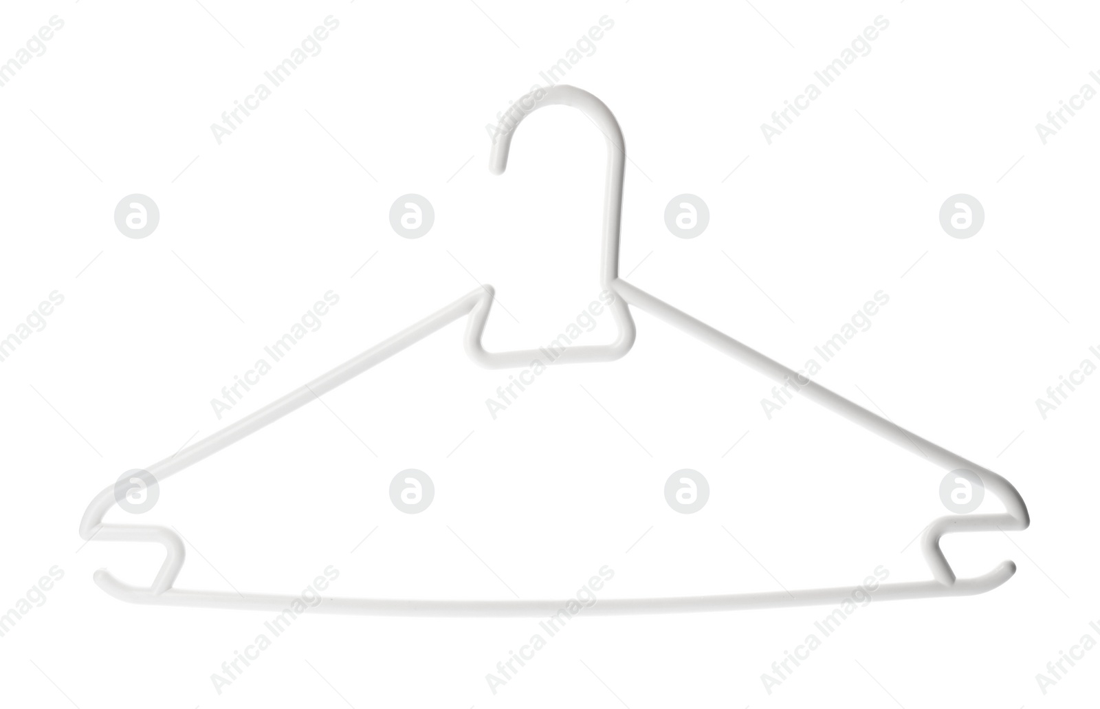 Photo of Empty plastic hanger isolated on white. Wardrobe accessory