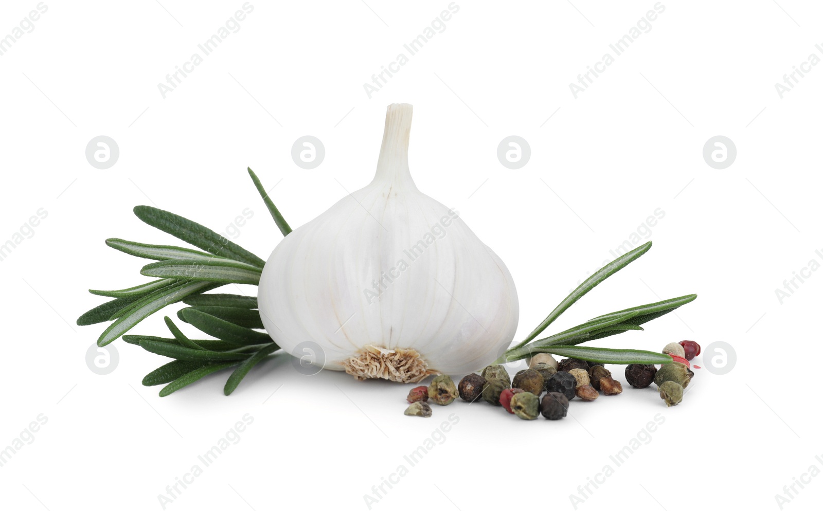 Photo of Fresh garlic bulb, peppercorns and rosemary isolated on white