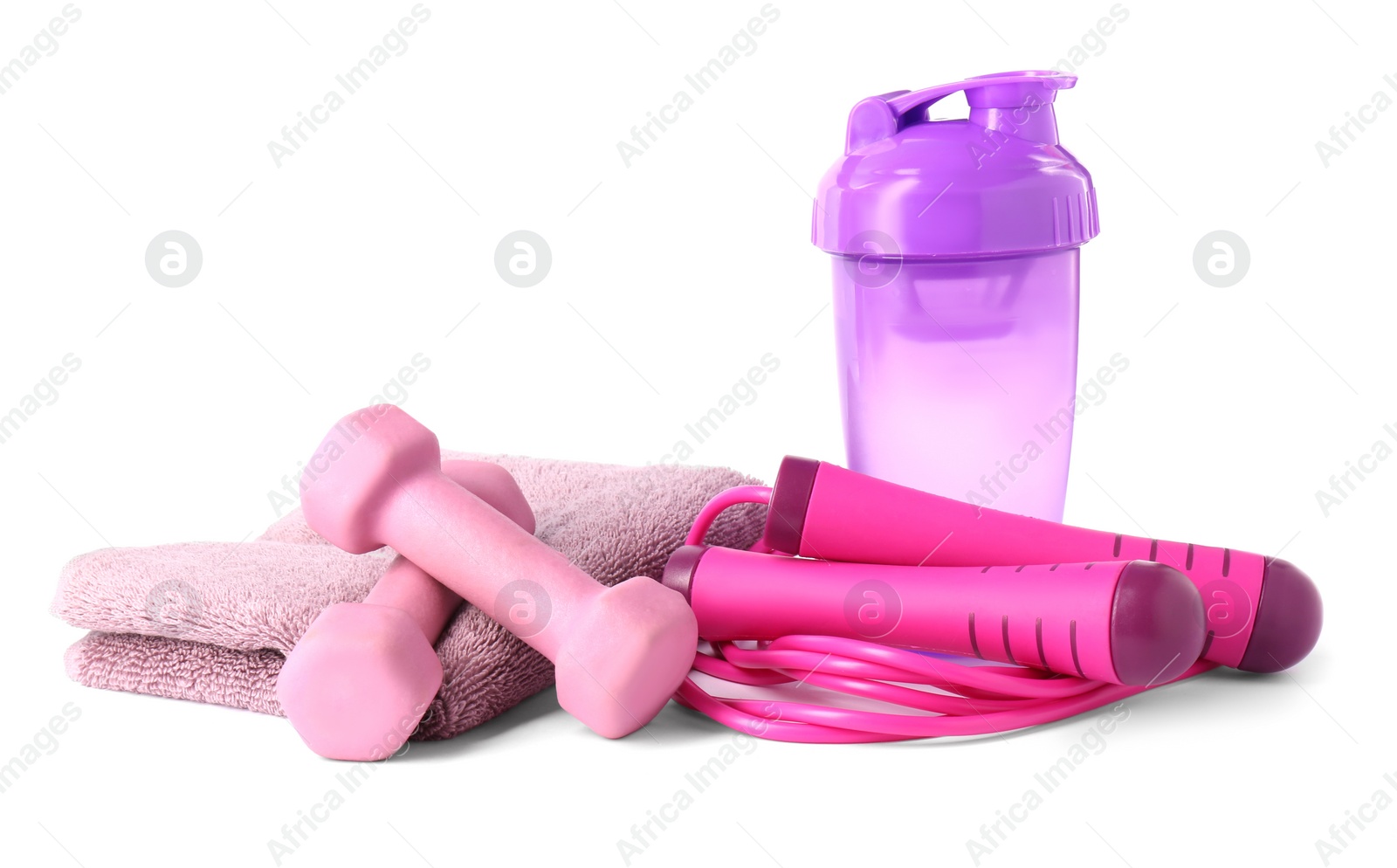 Photo of Dumbbells, water bottle, towel and skipping rope isolated on white