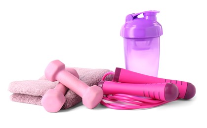 Photo of Dumbbells, water bottle, towel and skipping rope isolated on white