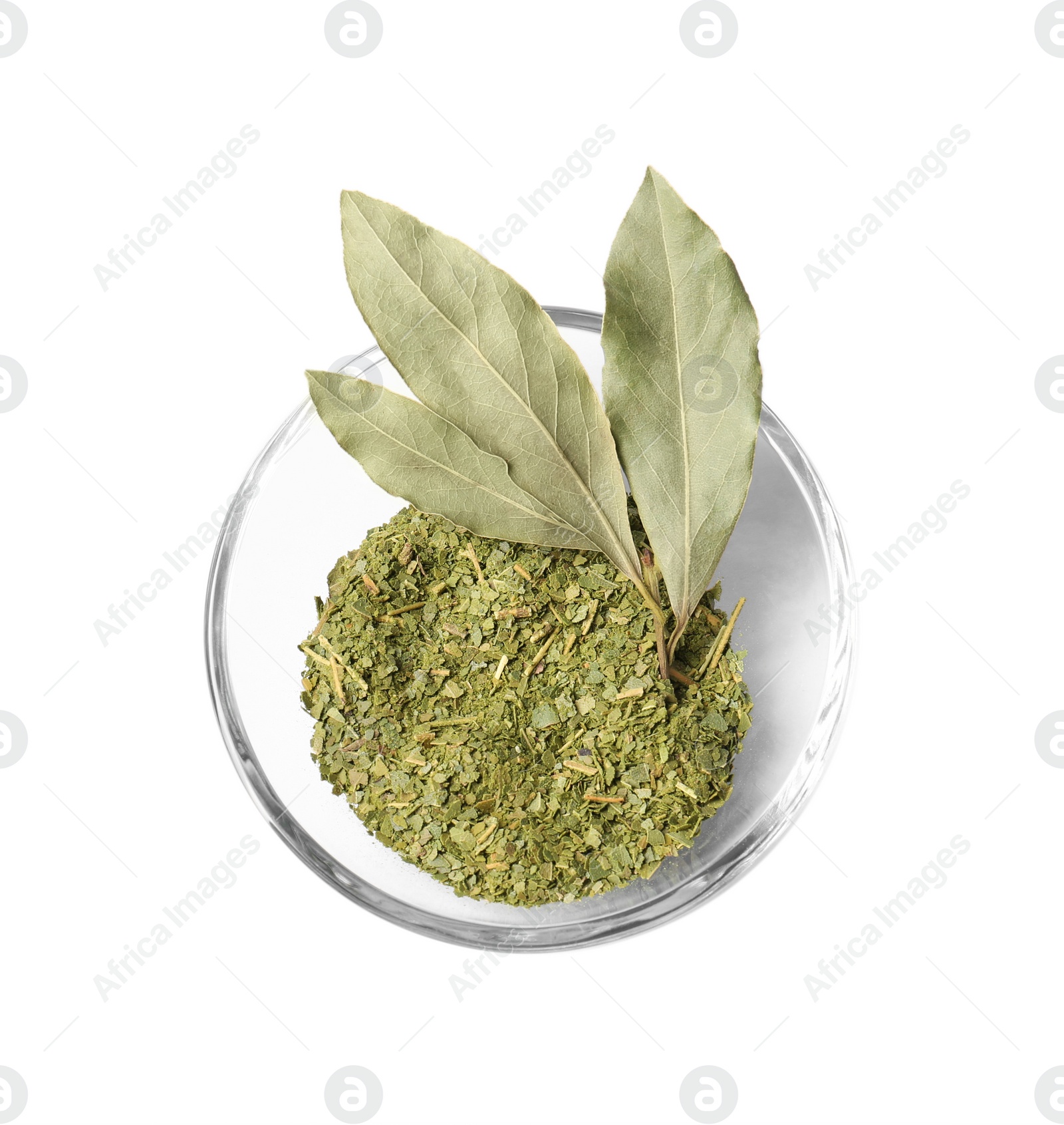 Photo of Whole and ground bay leaves in bowl on white background, top view