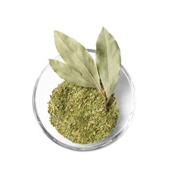 Whole and ground bay leaves in bowl on white background, top view