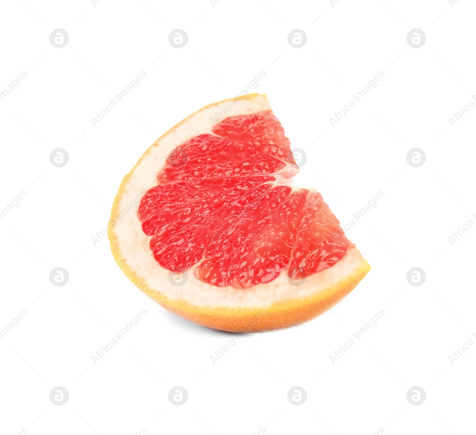 Photo of Slice of ripe juicy grapefruit on white background