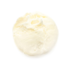 Photo of Ball of tasty vanilla ice cream on white background