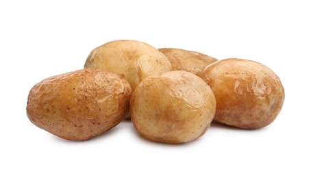 Many tasty baked potatoes on white background