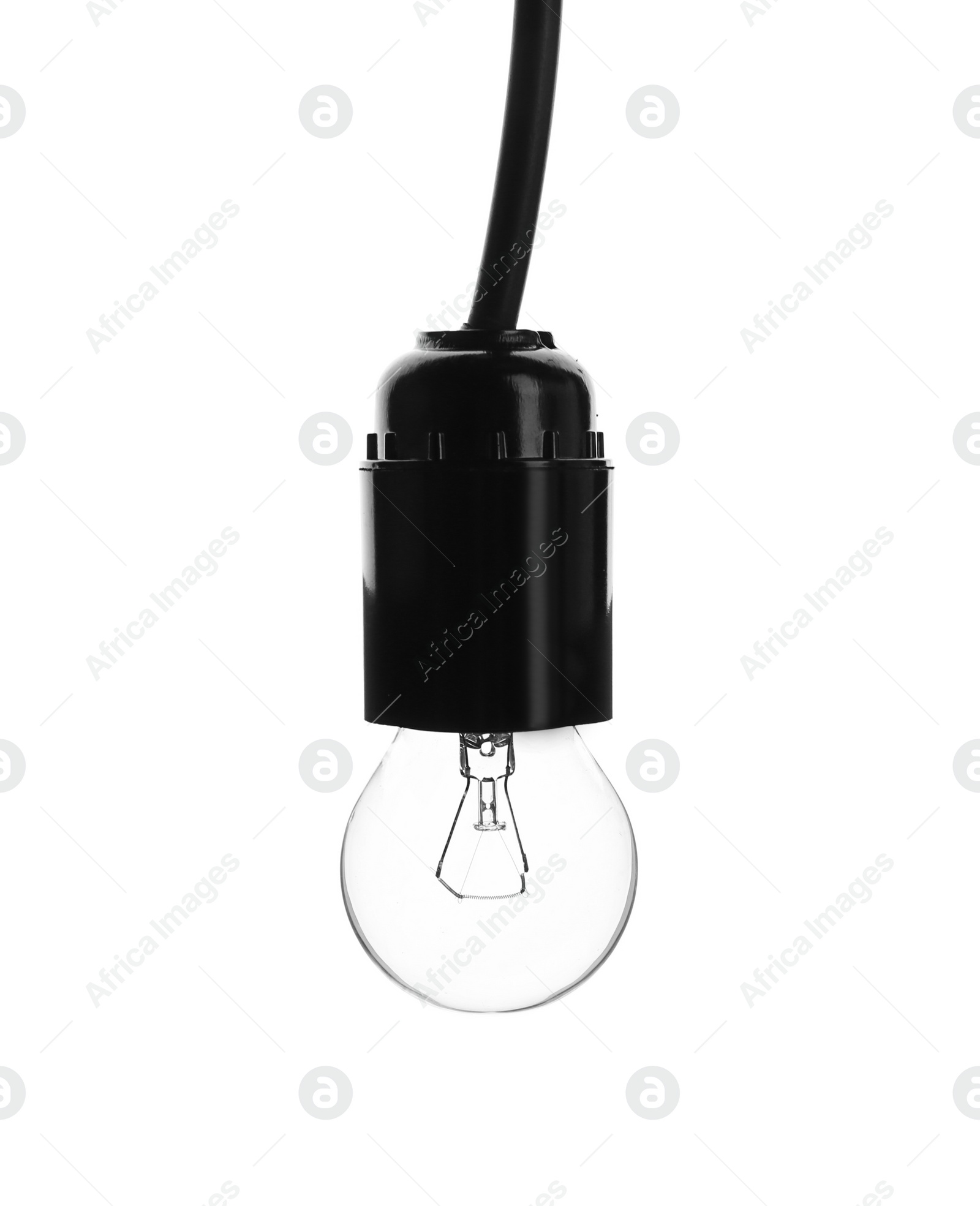 Photo of Hanging incandescent light bulb on white background. Modern lamp