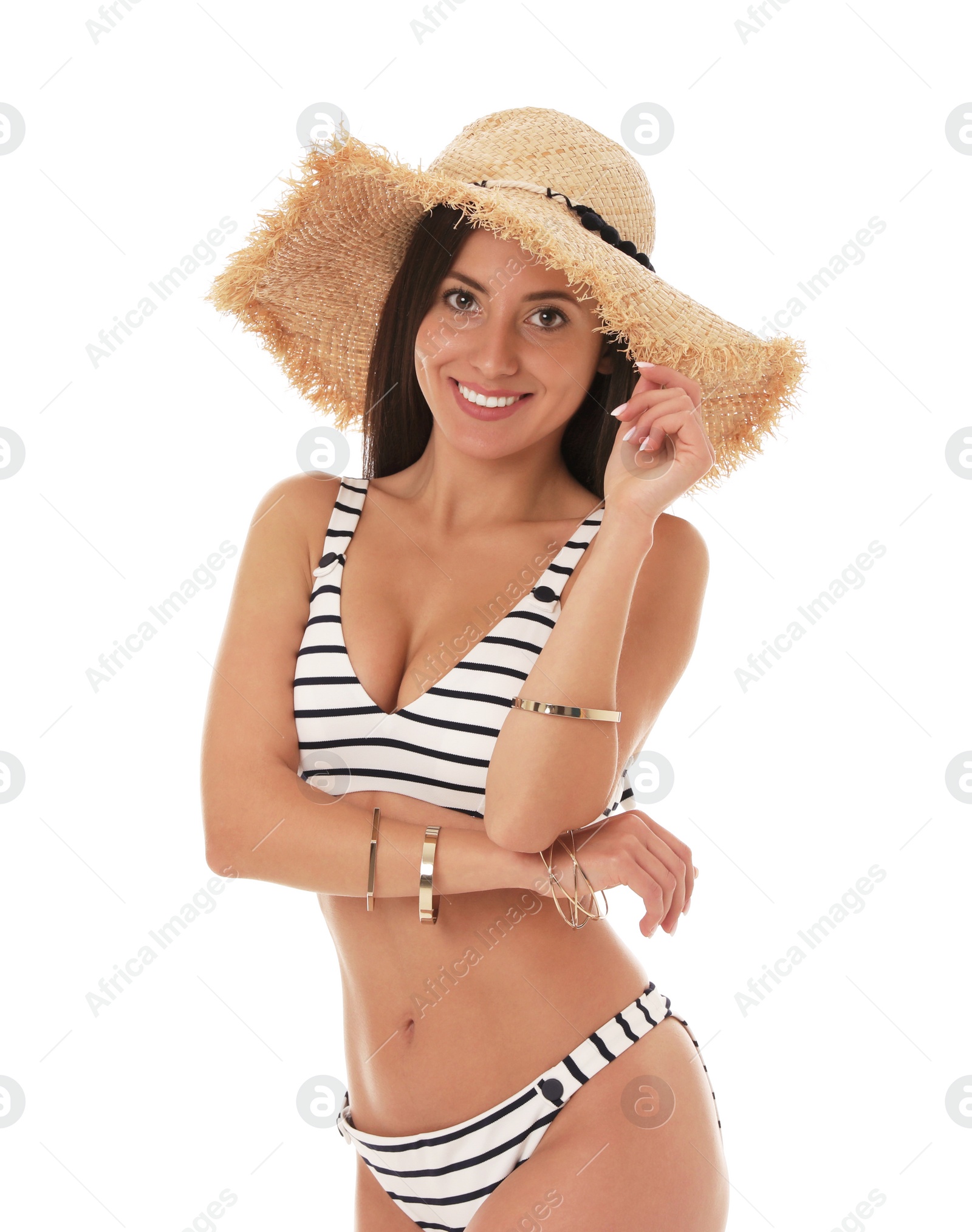 Photo of Pretty sexy woman with slim body in stylish striped bikini on white background