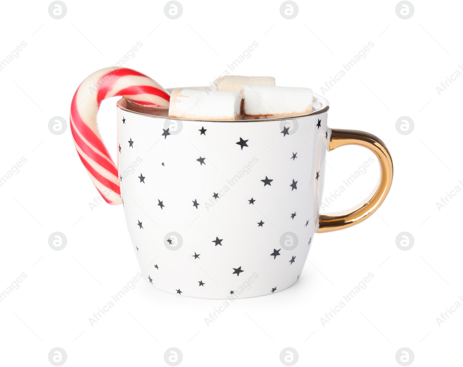 Photo of Cup of tasty cocoa with marshmallows and Christmas candy cane isolated on white