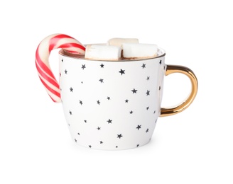 Photo of Cup of tasty cocoa with marshmallows and Christmas candy cane isolated on white