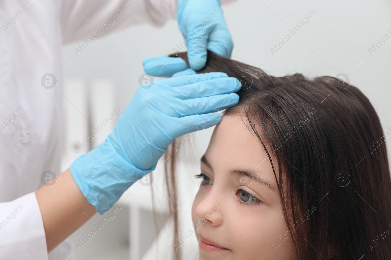 Photo of Doctor examining little girl's hair indoors. Anti lice treatment