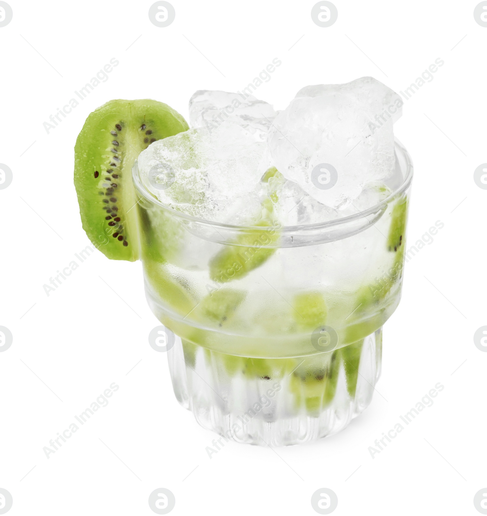 Photo of Glass of refreshing drink with kiwi isolated on white