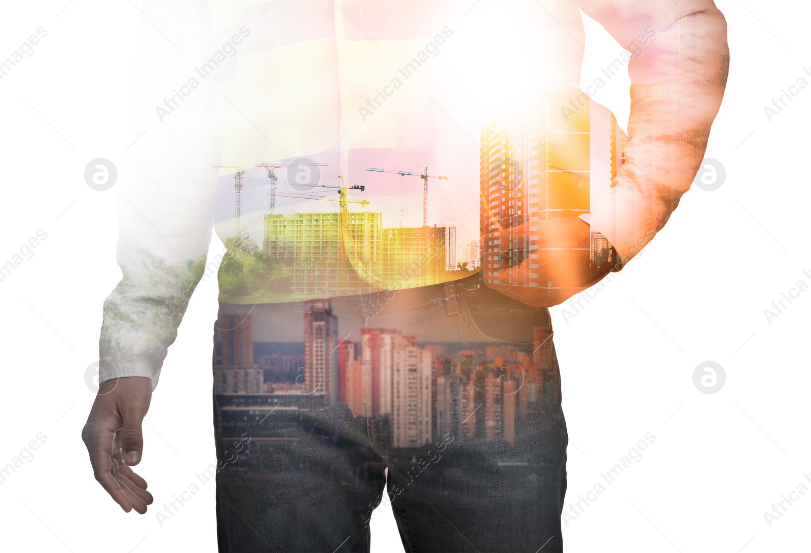 Image of Engineer with hard hat and cityscapes, multiple exposure