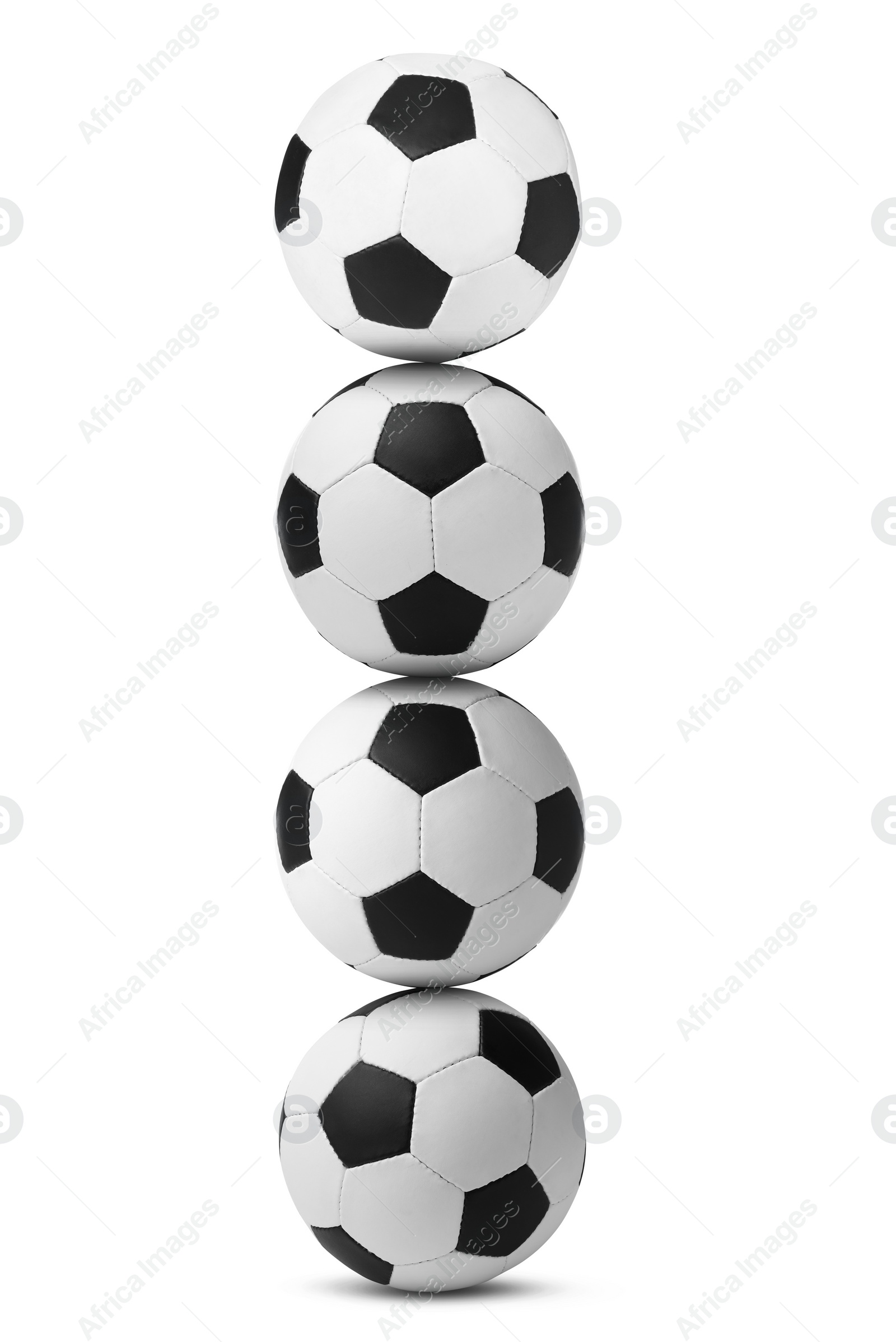 Image of Stack of soccer balls on white background