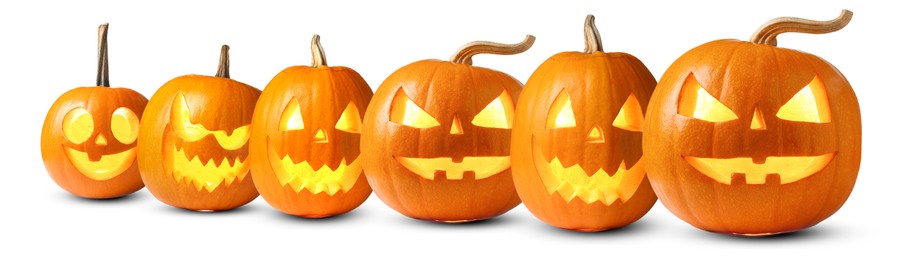 Image of Many pumpkins with carved spooky faces isolated on white, collection. Jack-o-lantern for Halloween