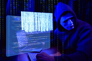 Image of Cyber attack. Anonymous hacker in mask near computers in dark room. Binary code and virtual screen near him