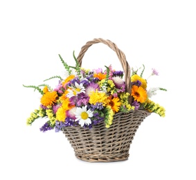 Wicker basket with beautiful wild flowers on white background