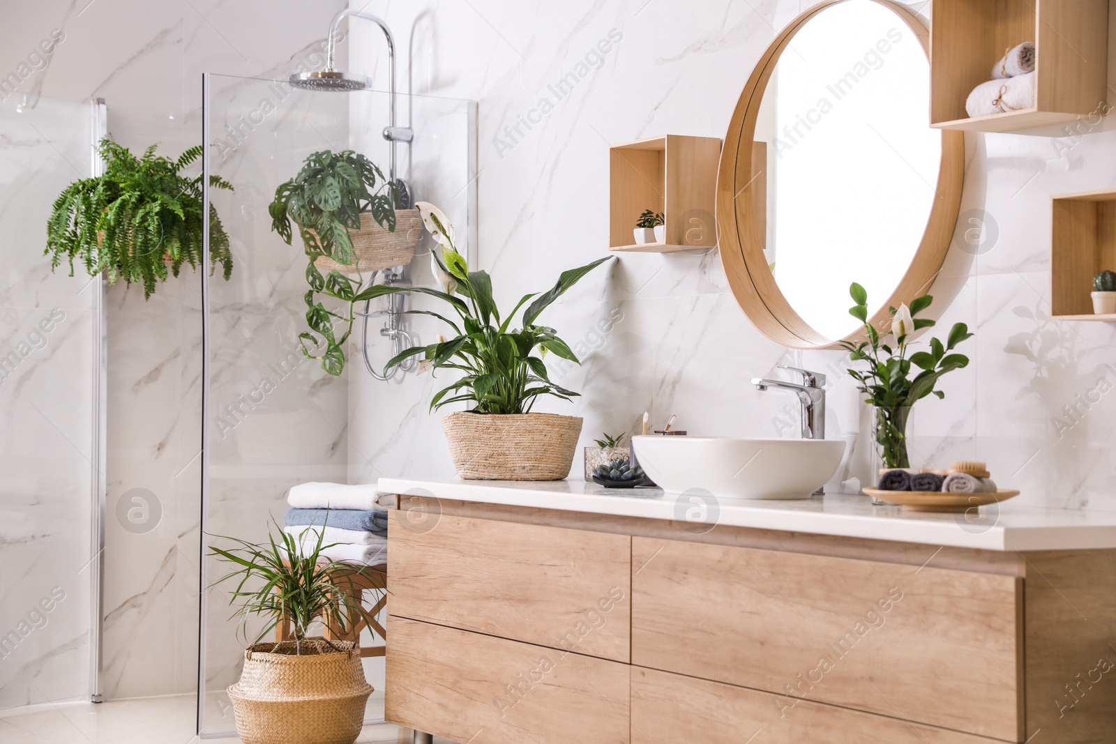 Photo of Green plants in elegant modern bathroom. Interior design