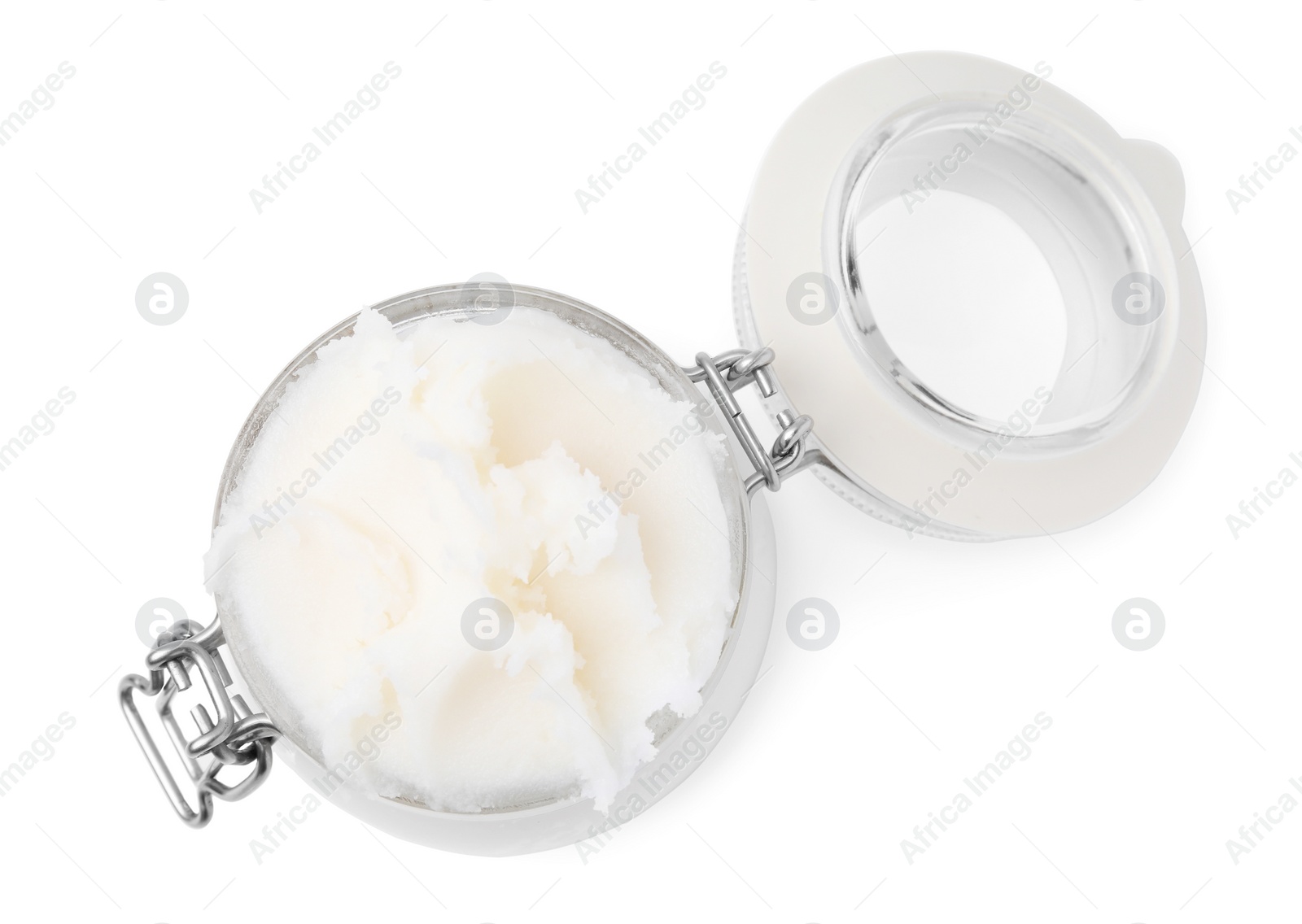 Photo of Delicious pork lard in glass jar isolated on white, top view