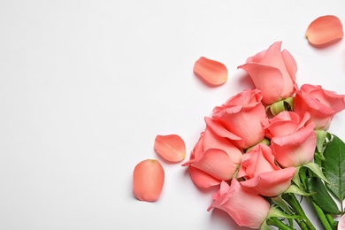 Photo of Bouquet of beautiful roses on white background