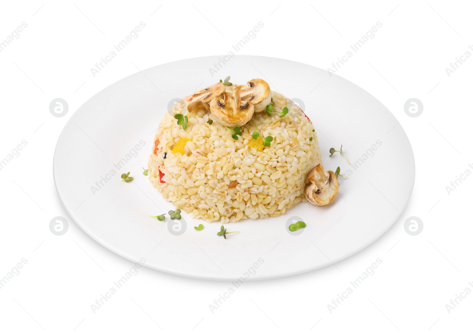 Photo of Delicious bulgur with vegetables, mushrooms and microgreens isolated on white