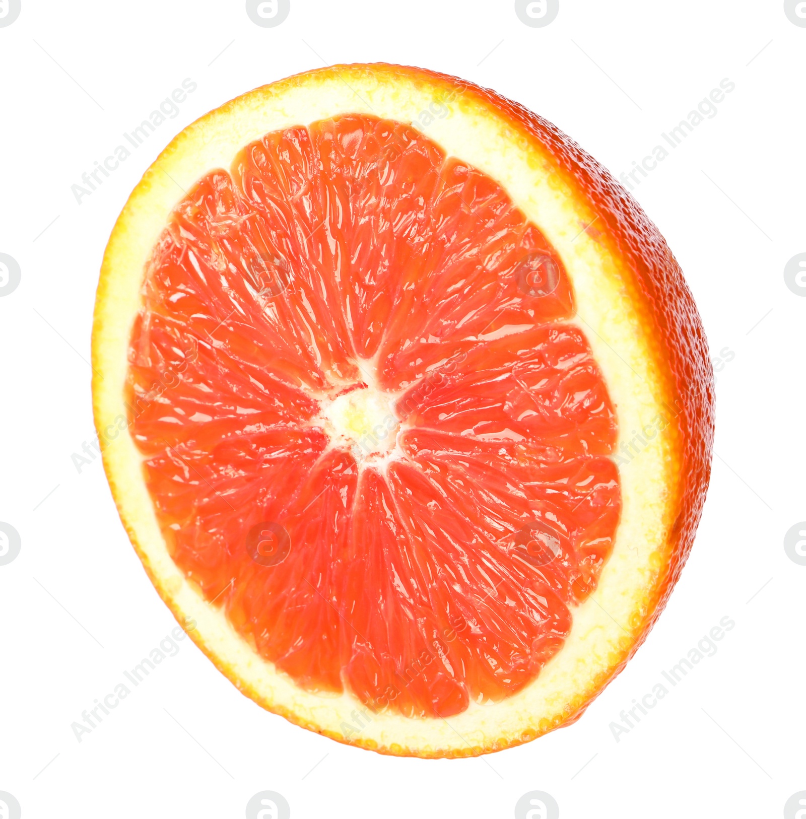 Photo of Citrus fruit. Sliced fresh ripe red orange isolated on white