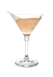 Glass of martini cocktail with splash on white background