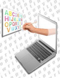 Image of Copywriter profession. Man writing alphabet letters, closeup. Hand sticking out of screen