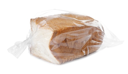 Photo of Sliced toast bread in plastic bag on white background