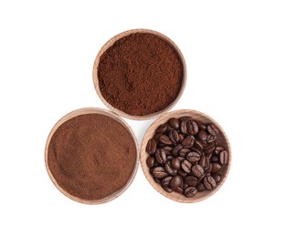 Photo of Bowls of beans, instant and ground coffee on white background, top view