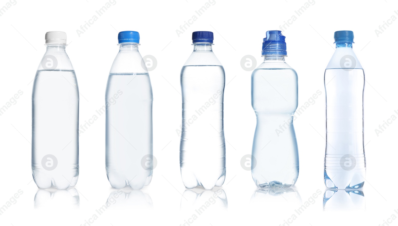 Image of Set with different bottles of pure water on white background. Banner design