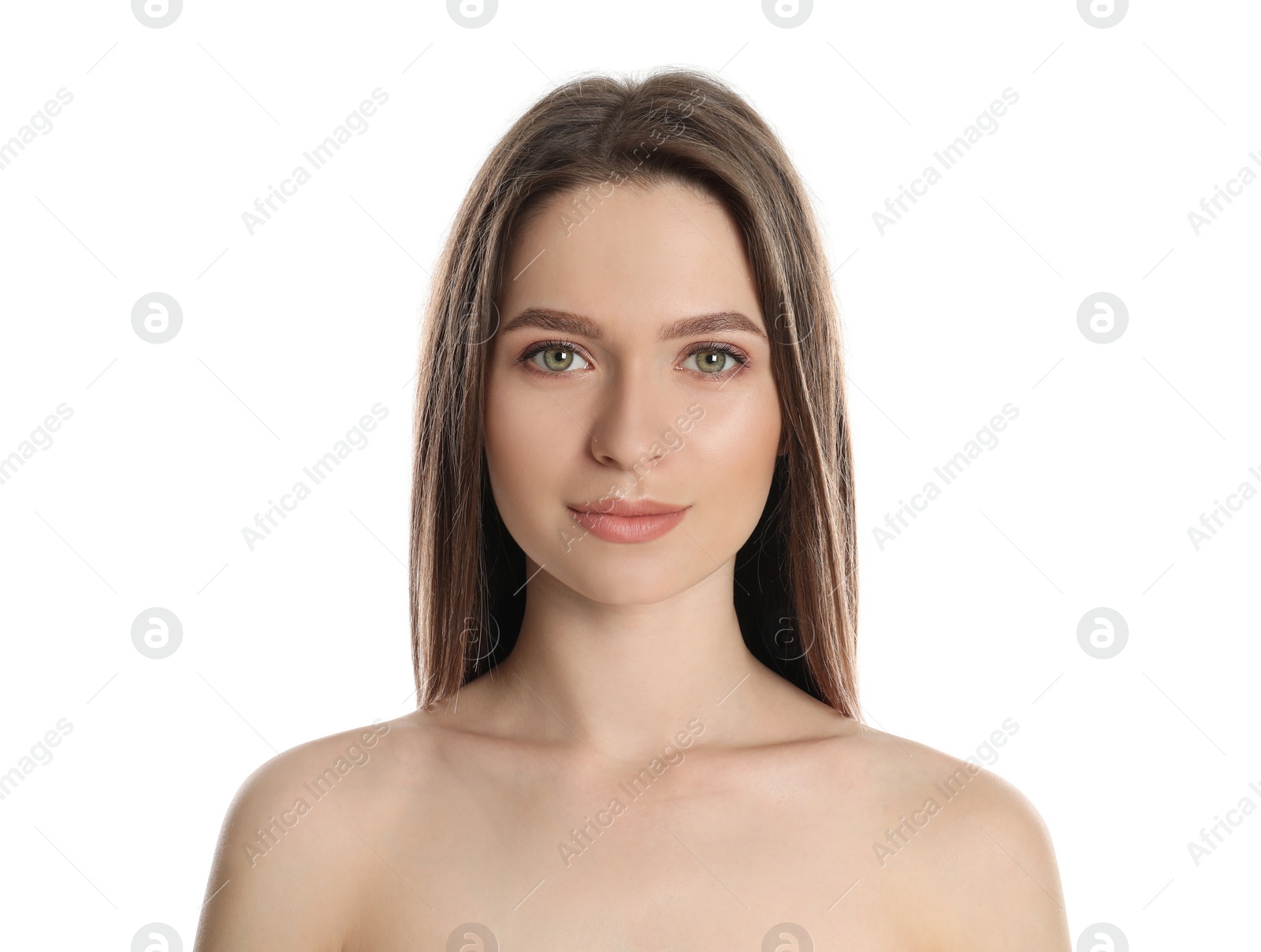 Photo of Portrait of young woman with beautiful face on white background