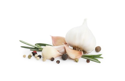 Photo of Fresh garlic, peppercorns and rosemary isolated on white