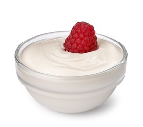 Photo of Bowl of delicious yogurt with raspberry isolated on white