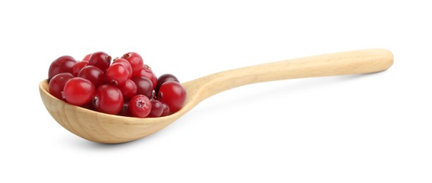 Photo of Wooden spoon with fresh ripe cranberries isolated on white