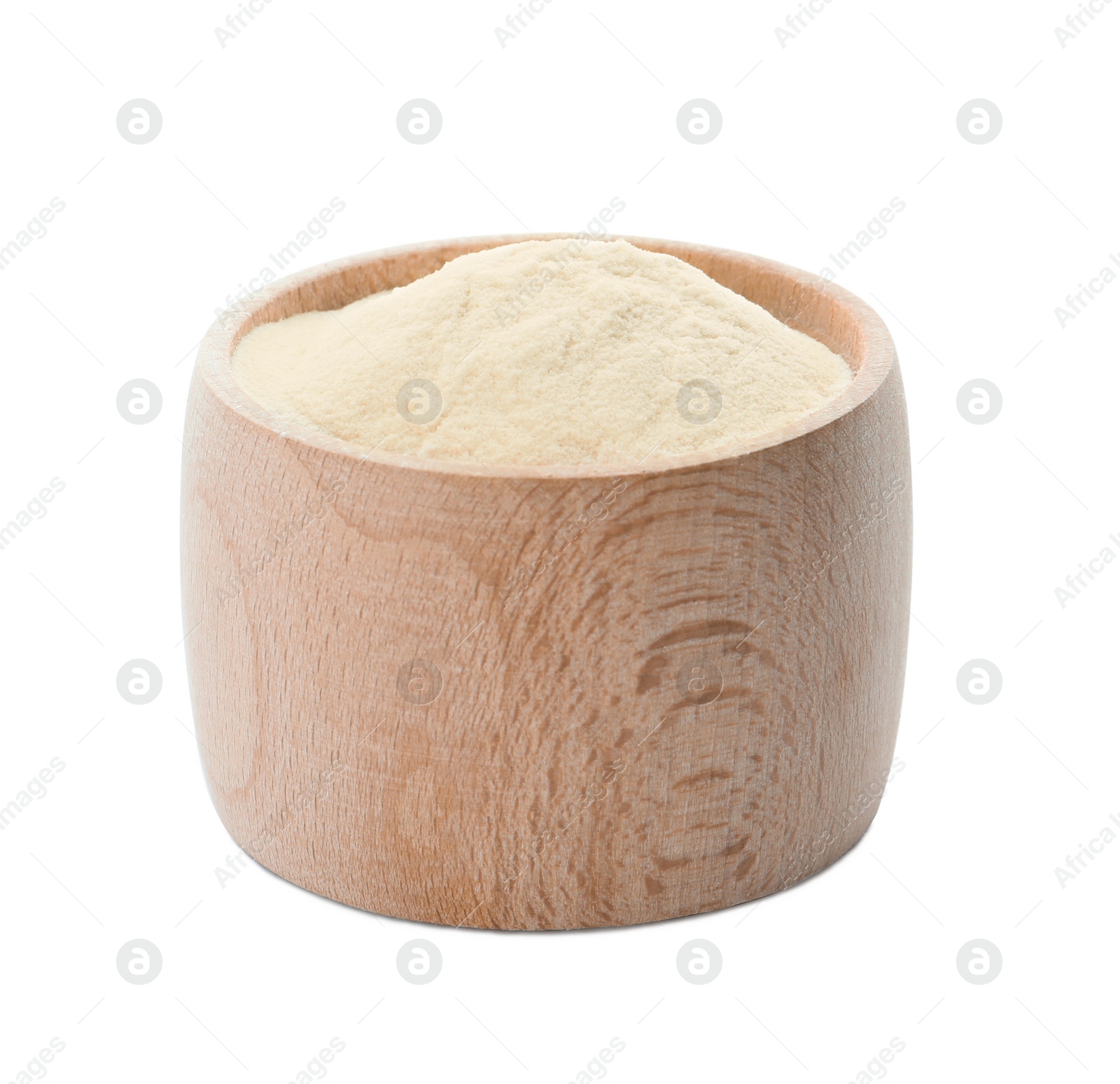 Photo of Wooden box of agar-agar powder isolated on white