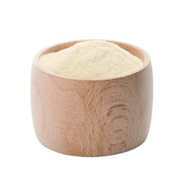 Photo of Wooden box of agar-agar powder isolated on white